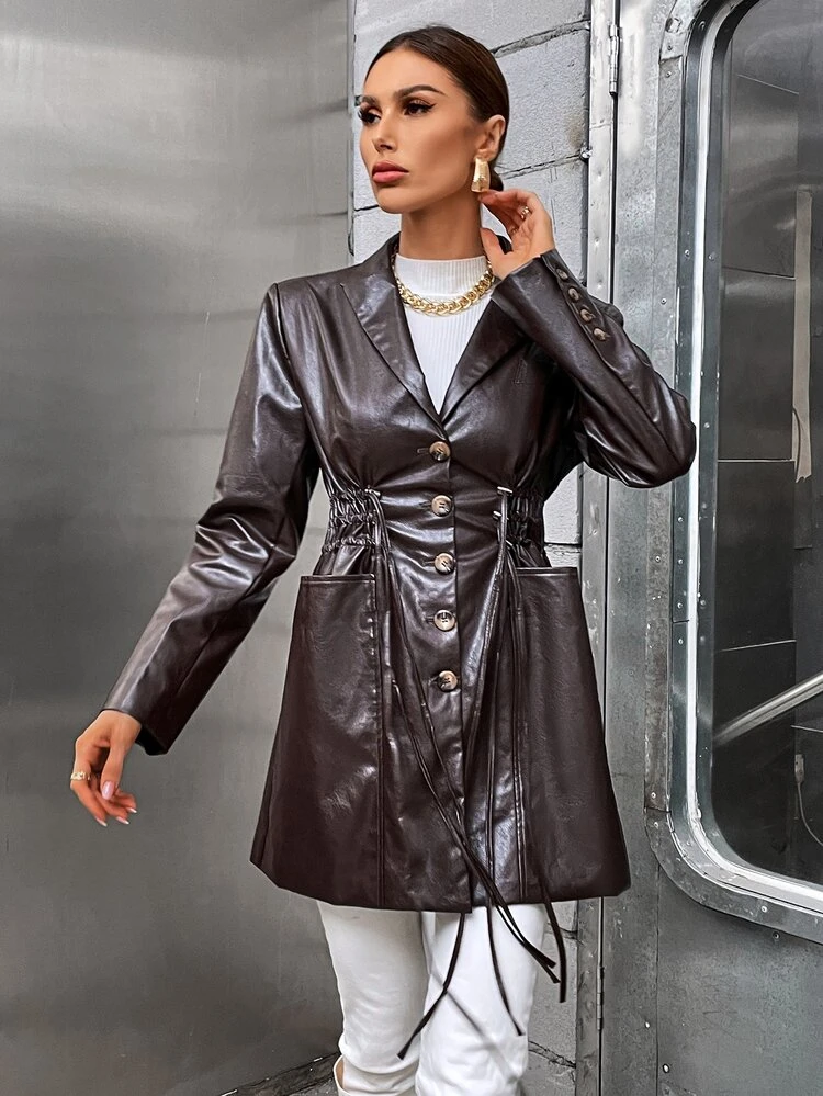 Drawstring Front Dual Pocket Coat