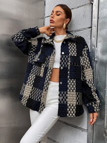 SHEIN Essnce Plaid Flap Pocket Drop Shoulder Coat - Multicolor - View 1