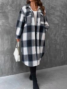 SHEIN LUNE Plus Plaid Print Drop Shoulder Flap Pocket Overcoat - Multicolor - View 3