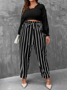 Plus Vertical Striped Paperbag Waist Belted Trousers - Black - View 5