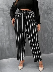 Plus Vertical Striped Paperbag Waist Belted Trousers - Black - View 6