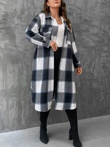 SHEIN LUNE Plus Plaid Print Drop Shoulder Flap Pocket Overcoat - Multicolor - View 4