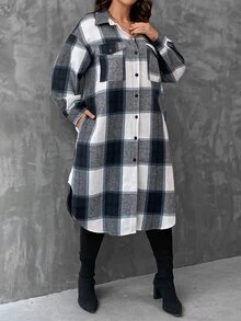 SHEIN LUNE Plus Plaid Print Drop Shoulder Flap Pocket Overcoat - Multicolor - View 5