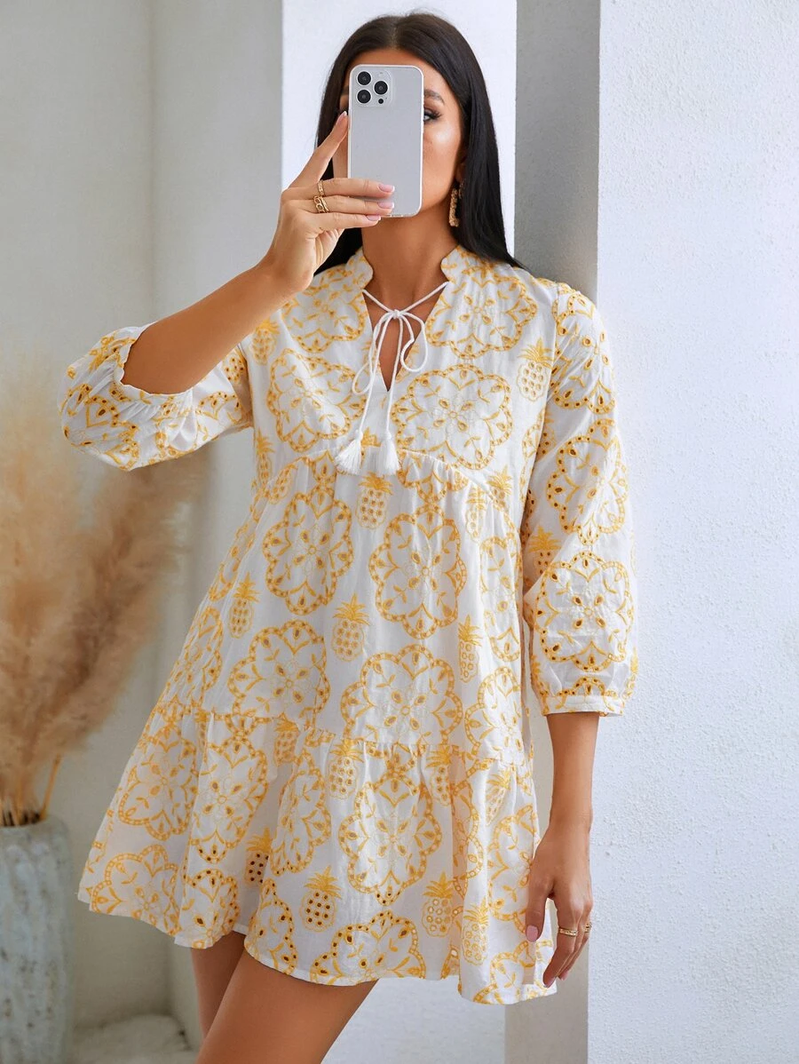 GENKIRA Allover Embroidery Tassel Tie Neck Lantern Sleeve Ruffle Hem Smock Dress - White - View 1