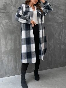 SHEIN LUNE Plus Plaid Print Drop Shoulder Flap Pocket Overcoat - Multicolor - View 6