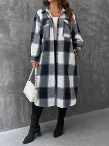 SHEIN LUNE Plus Plaid Print Drop Shoulder Flap Pocket Overcoat - Multicolor - View 7