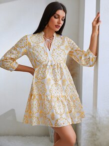 GENKIRA Allover Embroidery Tassel Tie Neck Lantern Sleeve Ruffle Hem Smock Dress - White - View 4