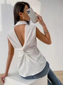 SHEIN Privé Twist Back Button Up Shirt - White - View 1