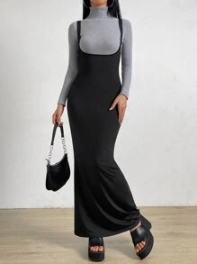 SHEIN Privé 素色背帶洋裝不帶T恤 - 黑色 - 查看 3