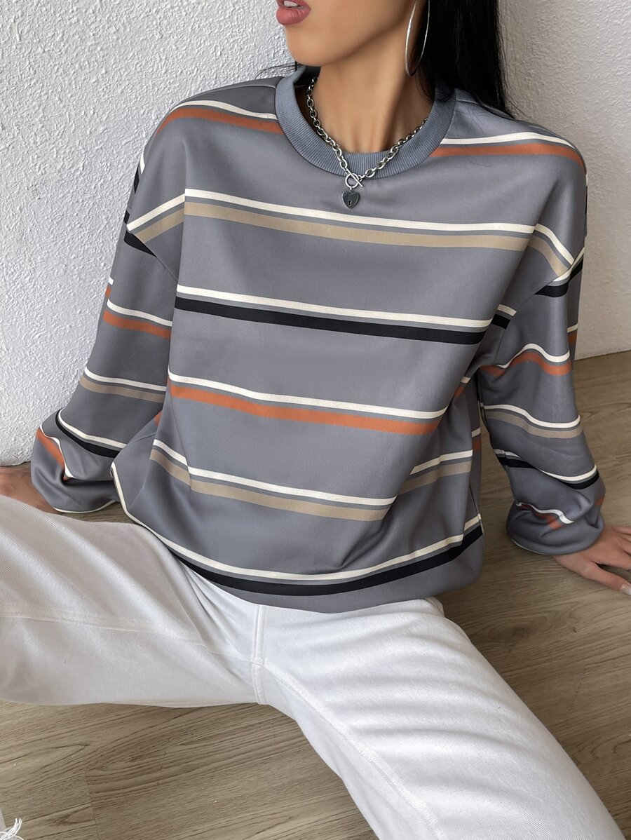 Muchica Sudadera con estampado de rayas de hombros caídos - Gris - Ver 1