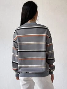Muchica Sudadera con estampado de rayas de hombros caídos - Gris - Ver 2