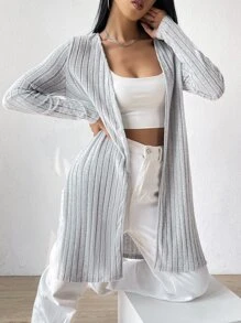 Muchica Ribbed Knit Split Hem Open Front Coat - Grey - View 1