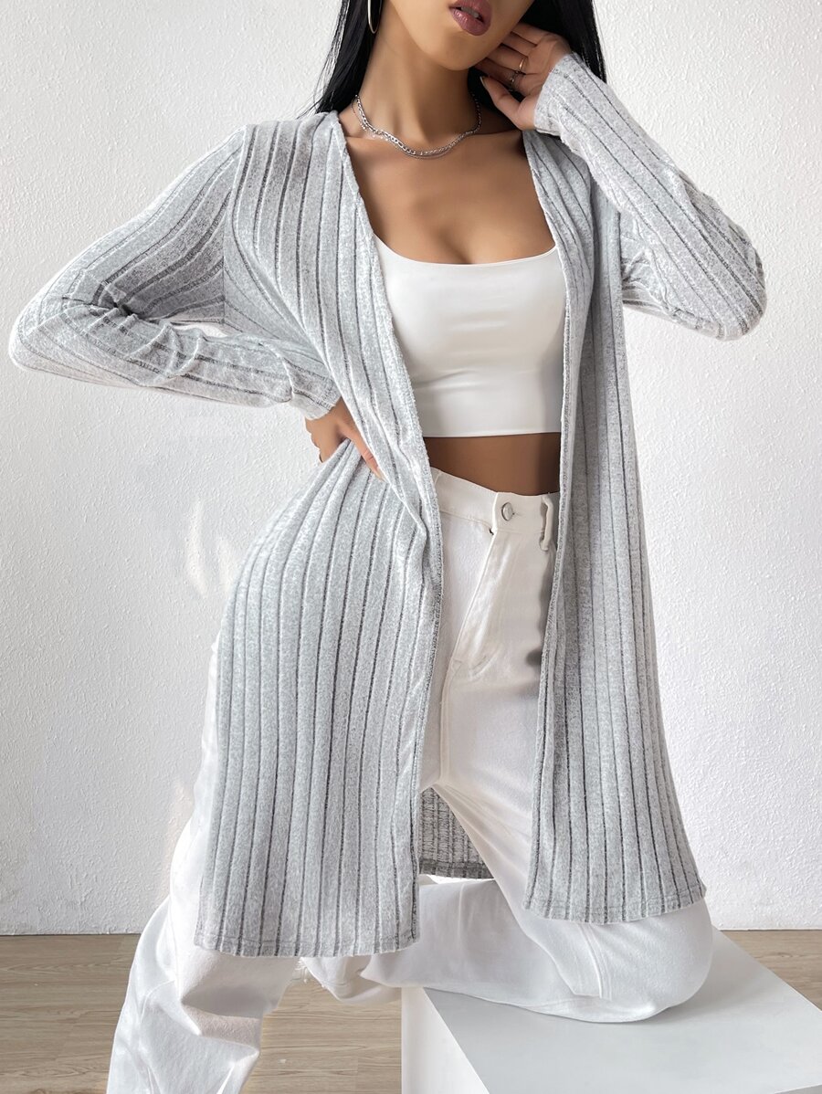 Muchica Ribbed Knit Split Hem Open Front Coat - Grey - View 1