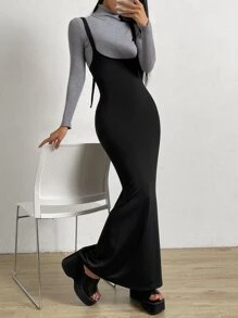 SHEIN Privé 素色背帶洋裝不帶T恤 - 黑色 - 查看 5