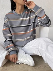 Muchica Sudadera con estampado de rayas de hombros caídos - Gris - Ver 6