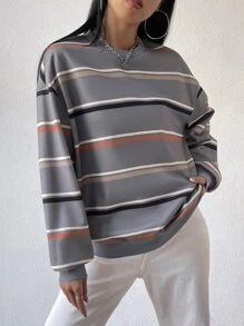 Muchica Sudadera con estampado de rayas de hombros caídos - Gris - Ver 4