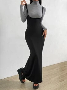 SHEIN Privé 素色背帶洋裝不帶T恤 - 黑色 - 查看 6