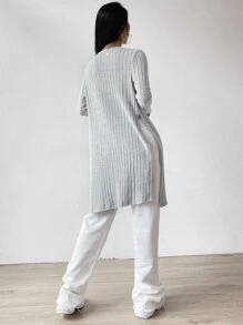 Muchica Ribbed Knit Split Hem Open Front Coat - Grey - View 2