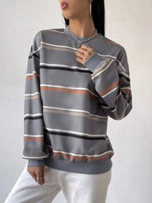 Muchica Sudadera con estampado de rayas de hombros caídos - Gris - Ver 5