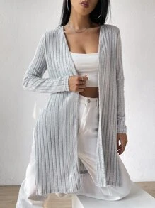 Muchica Ribbed Knit Split Hem Open Front Coat - Grey - View 3