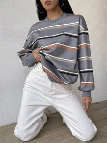 Muchica Sudadera con estampado de rayas de hombros caídos - Gris - Ver 7