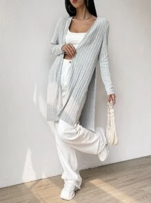 Muchica Ribbed Knit Split Hem Open Front Coat - Grey - View 4