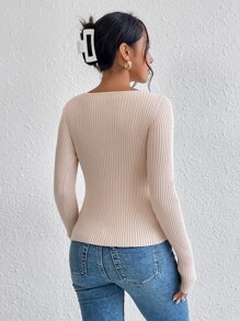 Firerie Asymmetrical Neck Cut Out Front Ribbed Knit Sweater,Long Sleeve Tops - Apricot - View 2