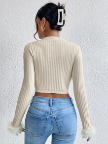 SHEIN Privé 毛茸茸袖口前鏤空短款毛衣 - 米色 - 查看 2