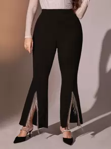 Modelyn Plus Fringe Trim Split Hem Flare Leg Trousers - Black - View 1