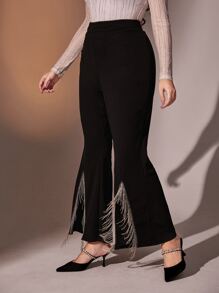 Modelyn Plus Fringe Trim Split Hem Flare Leg Trousers - Black - View 6