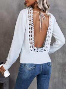 SHEIN Unity Guipure Lace Panel Tie Backless Jumper - White - View 1