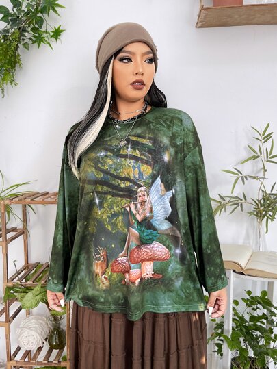 تي شيرت منخفض الاكتاف شكل و طباعة حيوان صبغ متعادل مقاس كبير