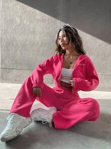 SHEIN Unity Letter Embroidery Drop Shoulder Crop Drawstring Hoodie & Sweatpants - Hot Pink - View 6