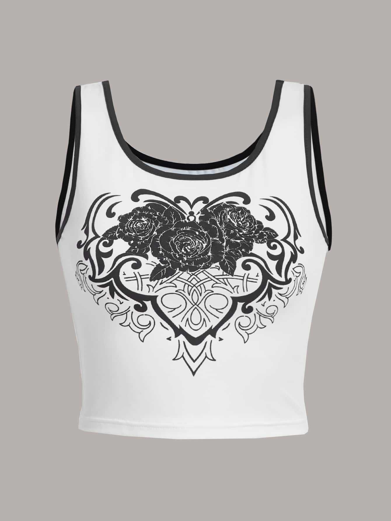 ROMWE PUNK Floral Print Contrast Binding Crop Tank Top - White - View 1