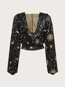 ROMWE PUNK 頹廢搖滾骷髏和星空圖案拉鏈開襟落肩袖連帽衫 - 黑色 - 查看 2