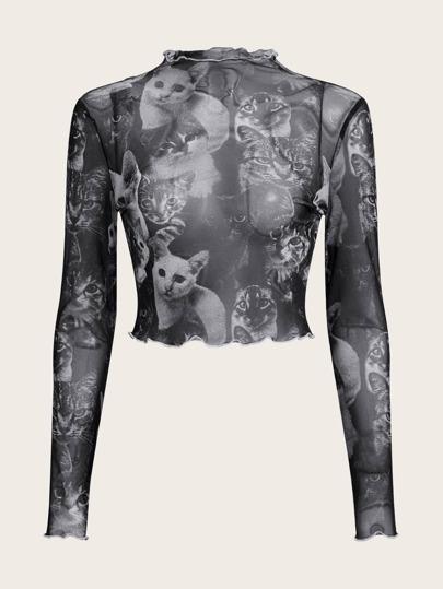 Top grunge à imprimé chat à ourlet ondulé court en tulle (sans soutien-gorge)