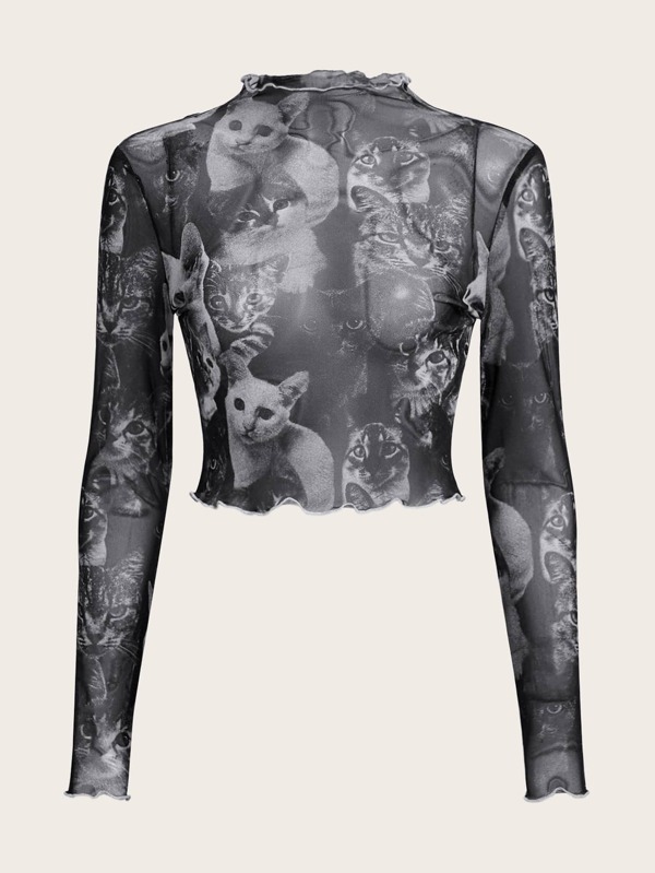 Grunge Cat Print Lettuce Trim Crop Mesh Top Without Bra