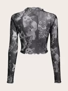 ROMWE PUNK Top mit Grunge Katze Muster, Wellensaum, Crop Mesh ohne BH