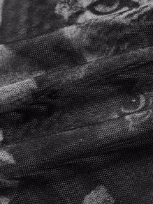 ROMWE PUNK Top mit Grunge Katze Muster, Wellensaum, Crop Mesh ohne BH