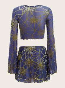 ROMWE PUNK Spider Web Print Lettuce Trim Crop Mesh Top & Bodycon Skirt - Multicolor - View 2