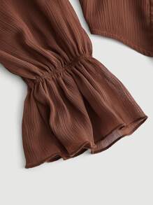 SHEIN MOD Tie Front Ruched Bust Flounce Sleeve Crop Top - Coffee Brown - View 4