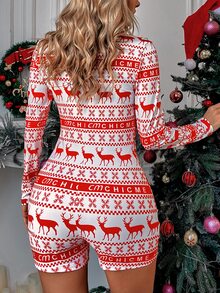 SHEIN Unity 聖誕麋鹿和幾何印花彈力緊身連體短褲 - 紅白色 - 查看 2