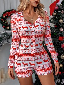 SHEIN Unity 聖誕麋鹿和幾何印花彈力緊身連體短褲 - 紅白色 - 查看 5