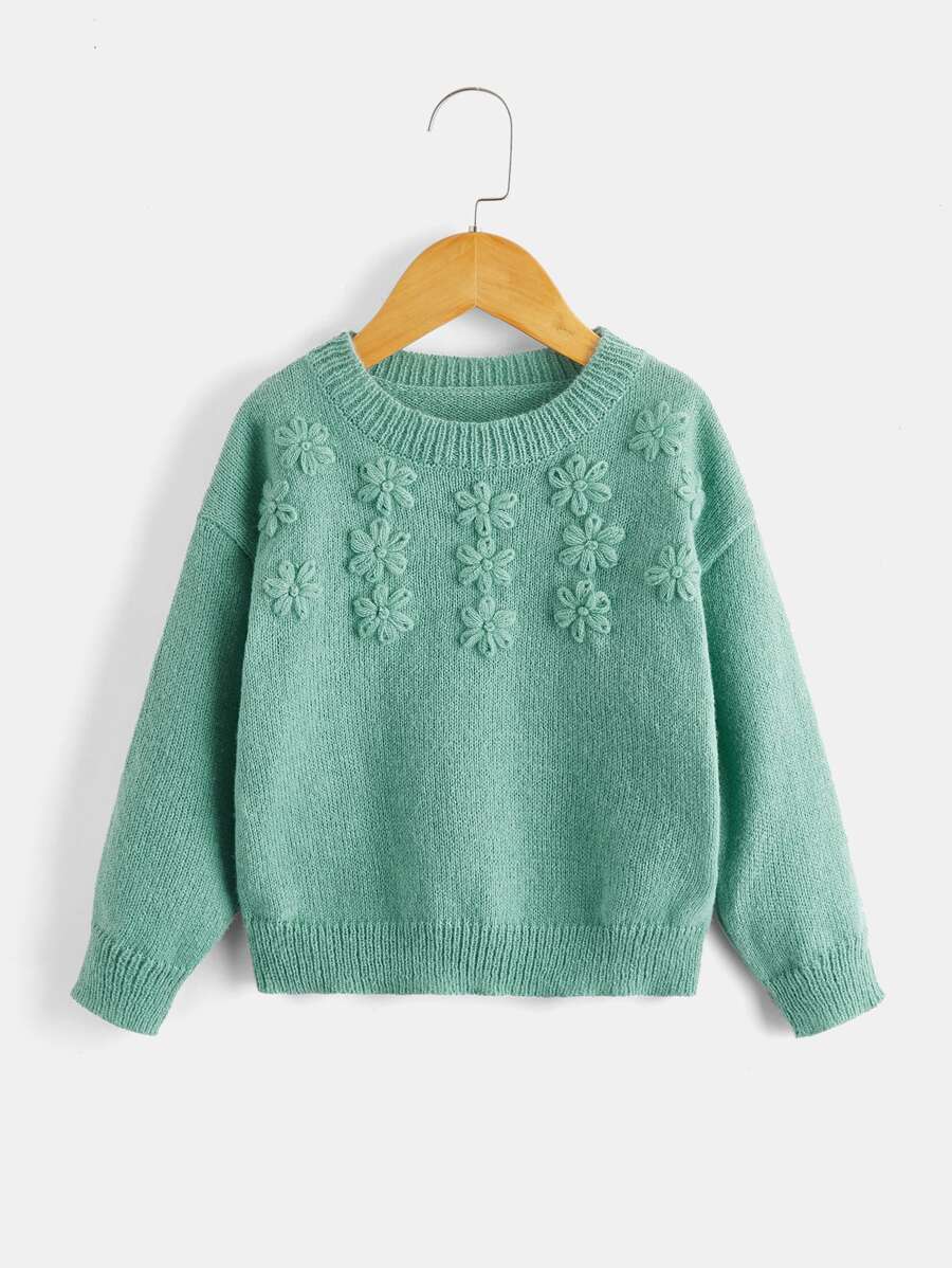 SHEIN Toddler Girls Floral Pattern Drop Shoulder Jumper - Cadet Blue - View 1