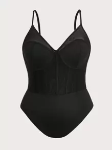 SHEIN EZwear Áo liền quần chặt Kích thước lớn Tương phản Mesh màu trơn Gợi cảm - màu đen - Xem 1