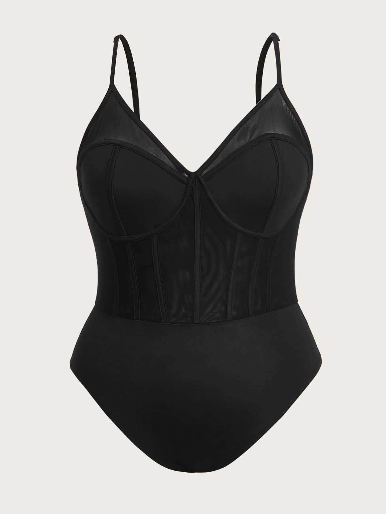 SHEIN EZwear Áo liền quần chặt Kích thước lớn Tương phản Mesh màu trơn Gợi cảm - màu đen - Xem 1