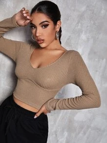 SHEIN Privé v領素色合身短版T恤 - 摩卡棕 - 查看 4