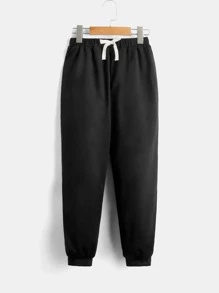 SHEIN Boys Drawstring Waist Teddy Lined Joggers - Black - View 4