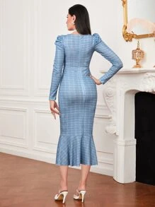 Modelyn 格紋羊腿袖魚尾裙下擺緊身連衣裙 - 藍色 - 查看 2