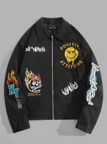 Manfinity 男士標語和卡通臉圖案夾克 - 黑色 - 查看 1